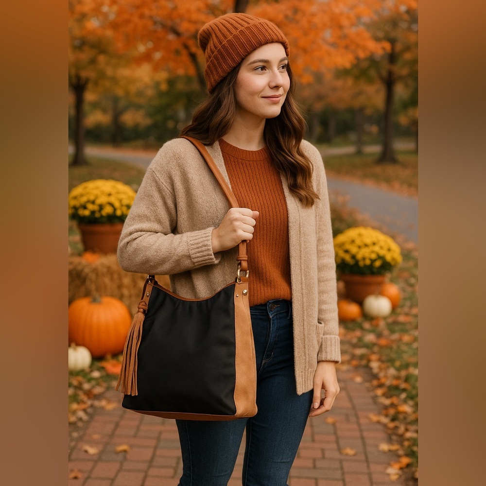 SONDRA ROBERTS SQUARED Black/Tan Hobo Bag withโ Tassel